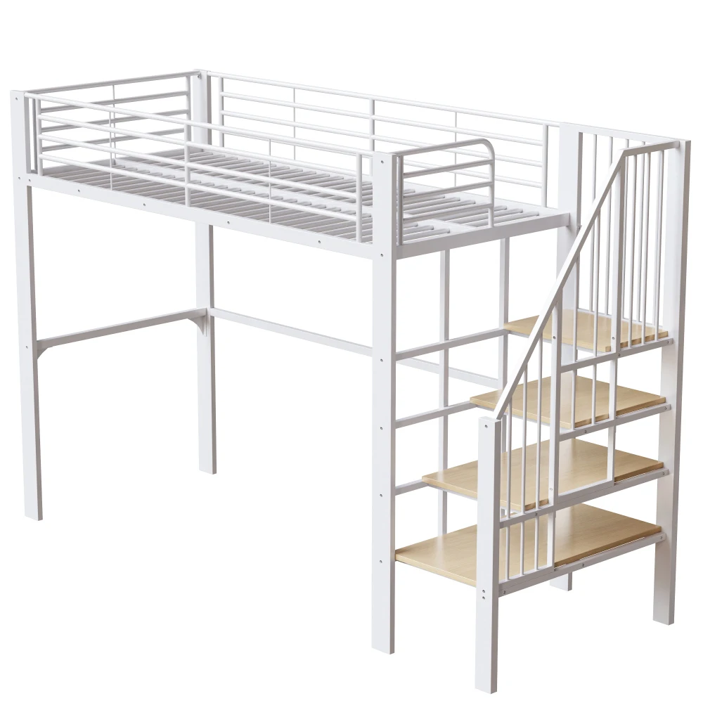 Stabiles Hochbett aus Metall, 90 x 200 cm/140 x 200 cm, mit geräumigem Stauraum unter dem Bett und Treppe für Kinder und Erwachsene, Bettgestelle und -gestelle – Detail 6
