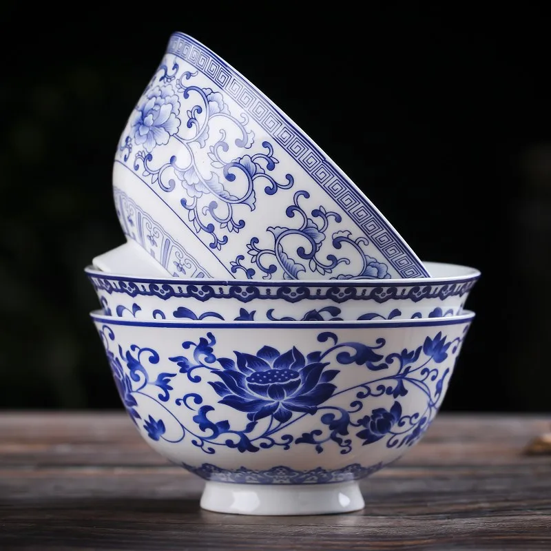 Household Chinese Blue And White Porcelain Rice Bowl Noodle Soup Bowl Jingdezhen Specialty High Legged Antique Bowl