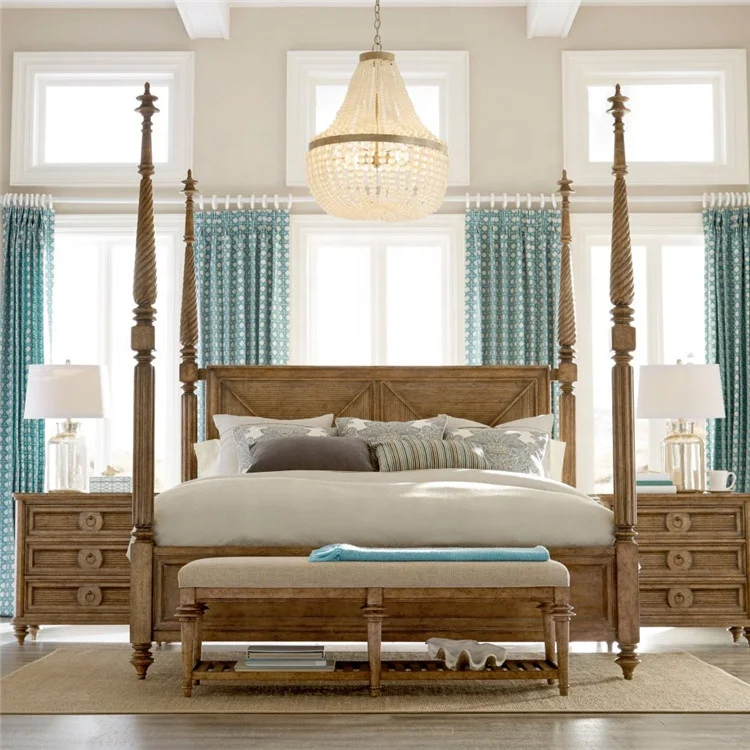 Quality French farmhouse retro smart bedroom furniture solid wood four poster bed frame