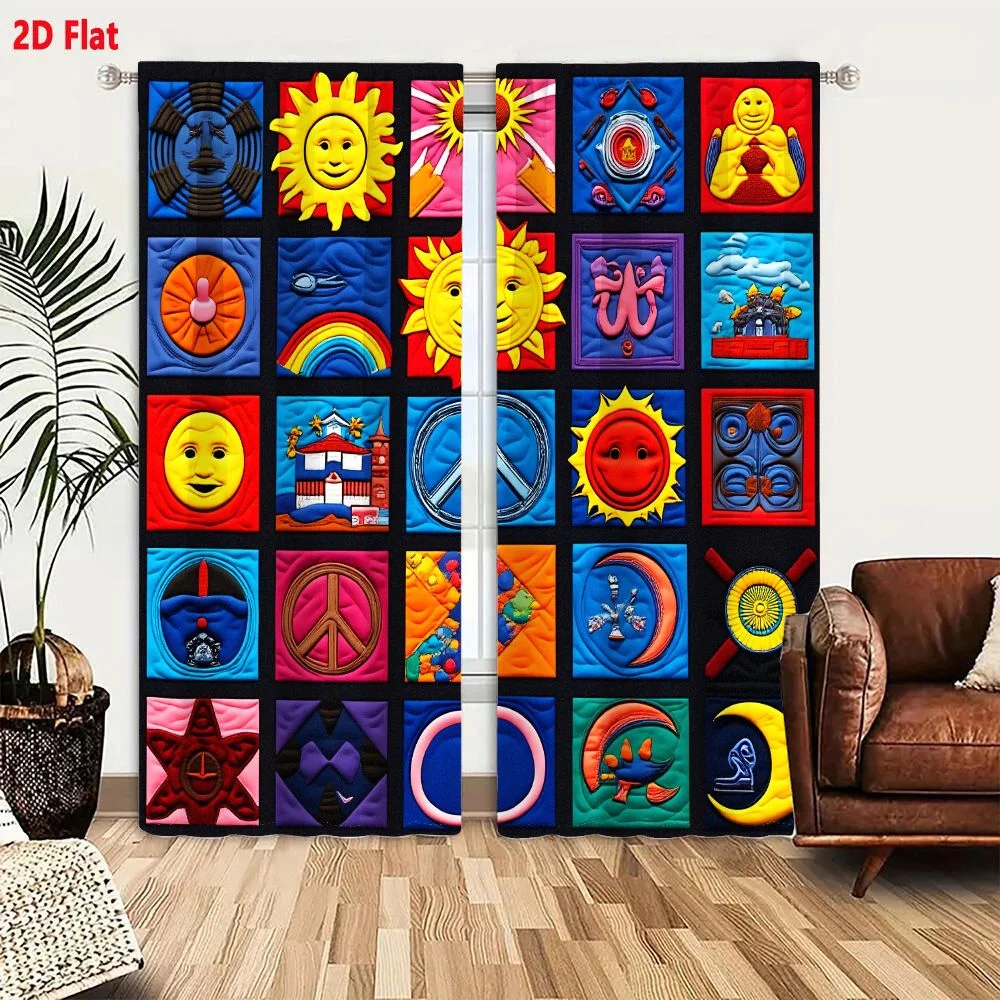 2Pcs Curtains 2D Flat Twenty Five Colorful Quilted Art Panels Featuring Suns Faces Symbols And Landscapes In Playful Pop Style W