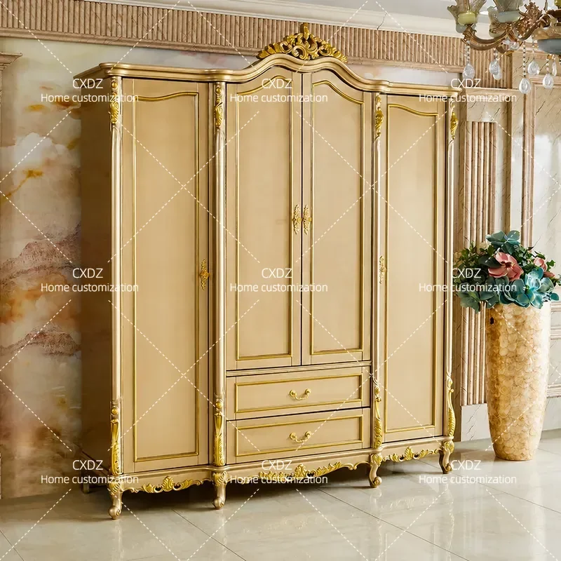 European solid wood large wardrobe combined cabinet bedroom high-end luxury classical luxury vertical cabinet wardrobe four
