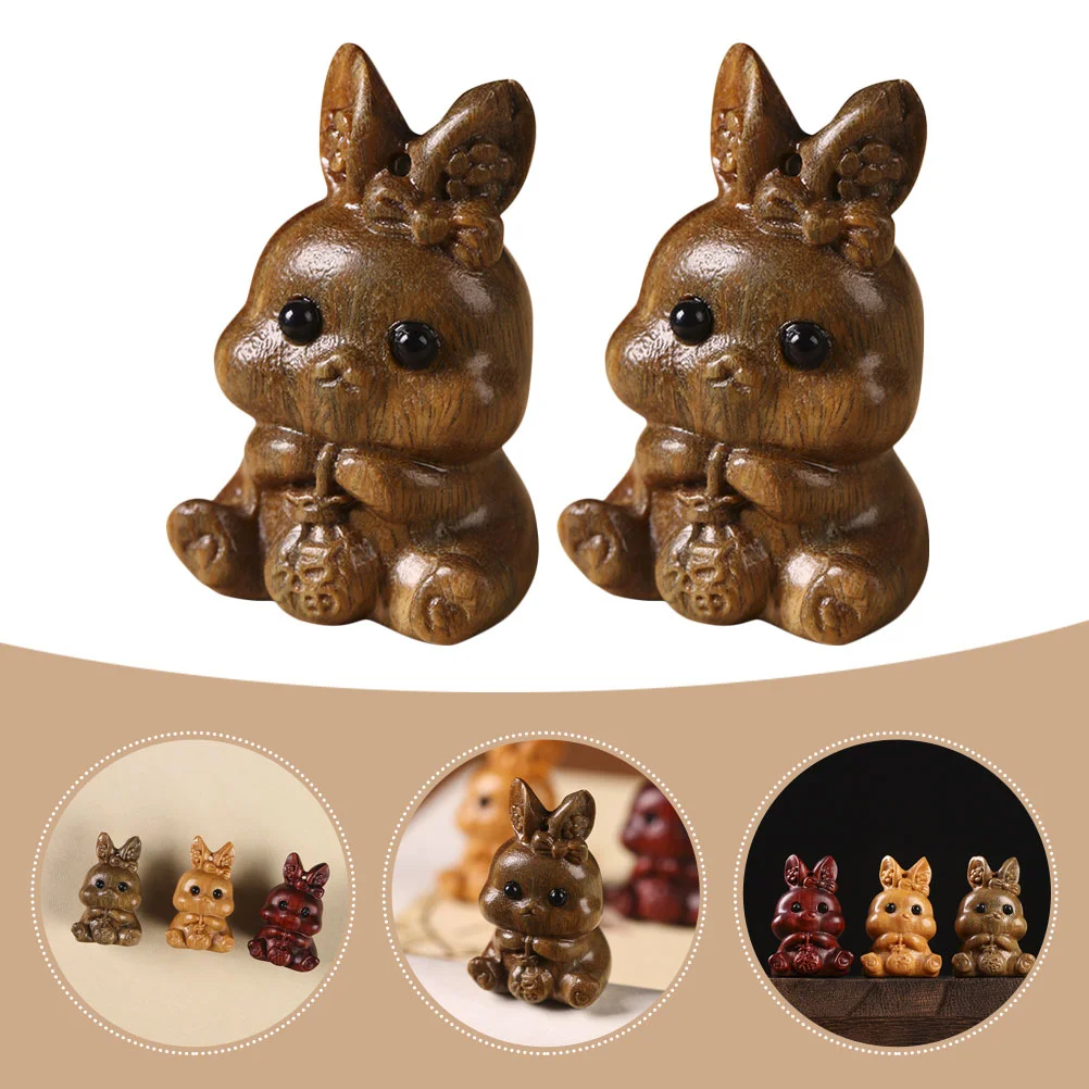 2 Pcs Wooden Rabbit Statue Decor Bunny DIY Crafts Pendant Cute Figurines Sandalwood Small