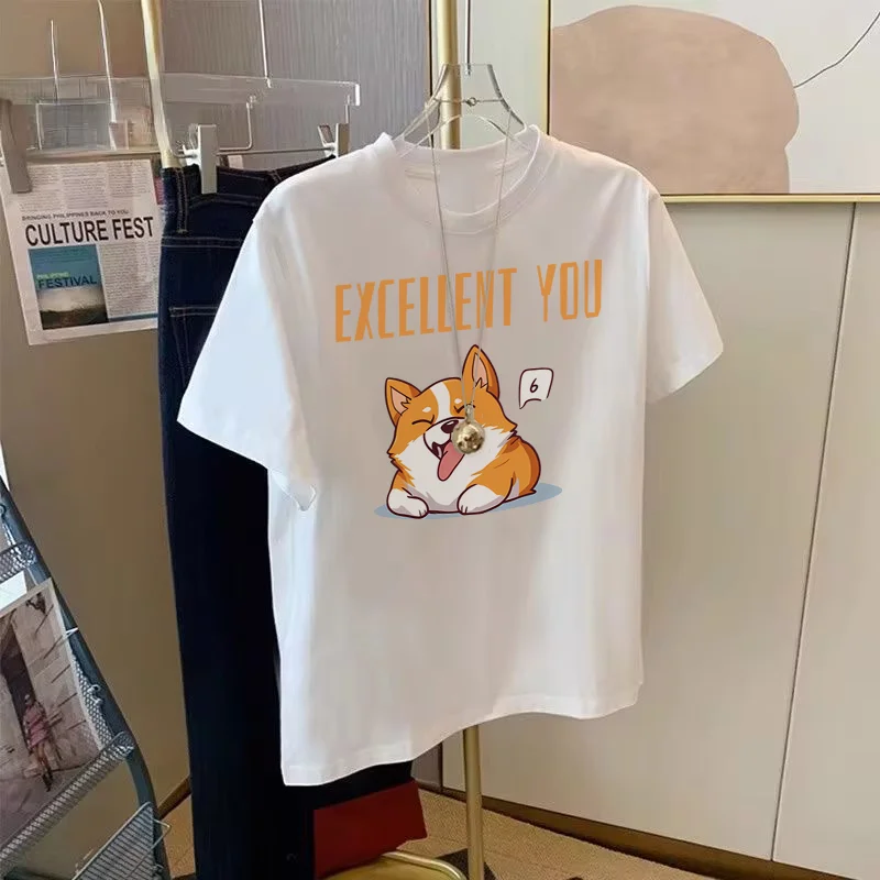 Cotton original design cartoon creativity excellent you corgi printed men and women summer loose casual round neck top clothes