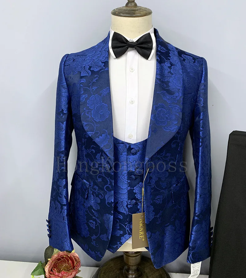 Floral Printed Men Suit 3 Pieces Slim Fit Fashion Shawl Lapel Jacket Vest Pants Set Prom Party Business Luxury Gold Men Tuxedos