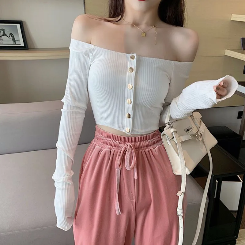 Haut à manches longues à col slash pour document uni, t-shirt nombril sexy, haut slim, version coréenne, exposition