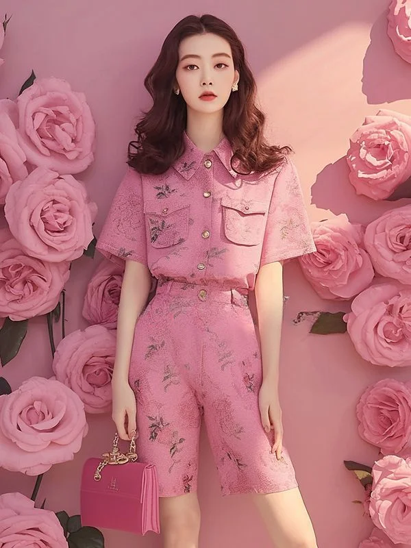 New High End Pink Printed Women's Matching Set Summer Fashion Lapel Short Sleeve Shirt + High Waist Short Elegant Two Piece Set