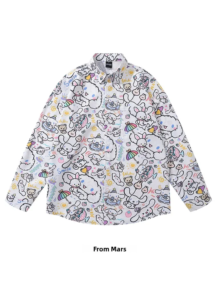 

Симпатичная рубашка с мультяшным принтом и длинными рукавами, свободного кроя, повседневная, из осенней коллекции, модная, молодежная, с заостренным воротником.