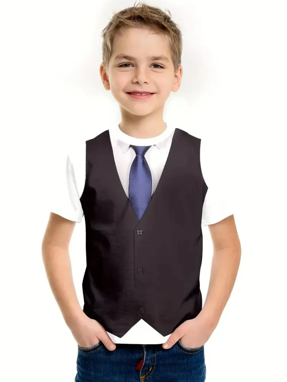 تي شيرت للأولاد بدلة وهمية مضحكة ثلاثية الأبعاد طباعة الصبي سهرة التعادل نمط بلايز الصيف Harajuku فضفاض الاطفال قصيرة الأكمام الجولة الرقبة تيز #3