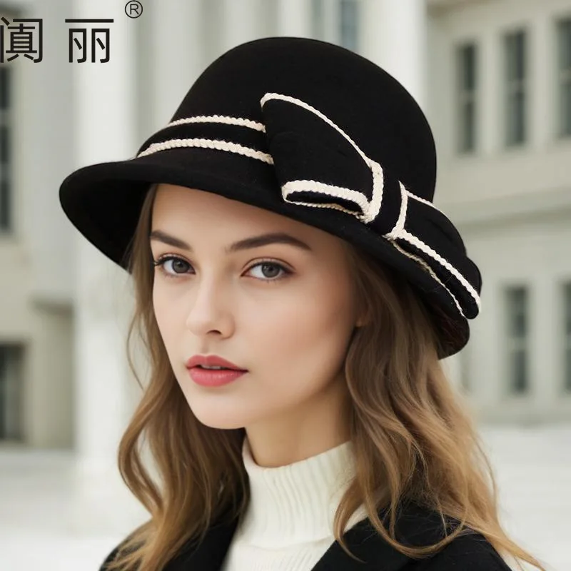 

Женская шерстяная фетровая шляпа-клош - осенне-зимняя шикарная рыбацкая шляпа с бантом в британском женском стиле