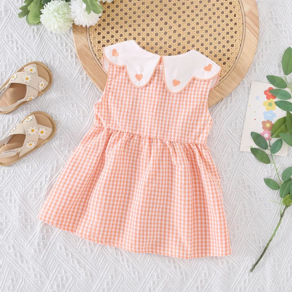 Summer Girls Dress With Heart-Shaped Checkered Print Girls Dress With Bow And Crossbody Bag Dress (0-3 Years Old)