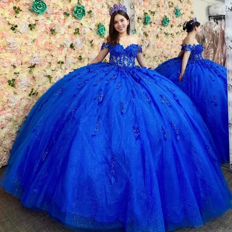 

Customized Royal Blue Shiny Quinceanera Dresses Ball Gown Off Shoulder Sequins Applique Lace Beads Tull Sweet 16 Vestidos De 15