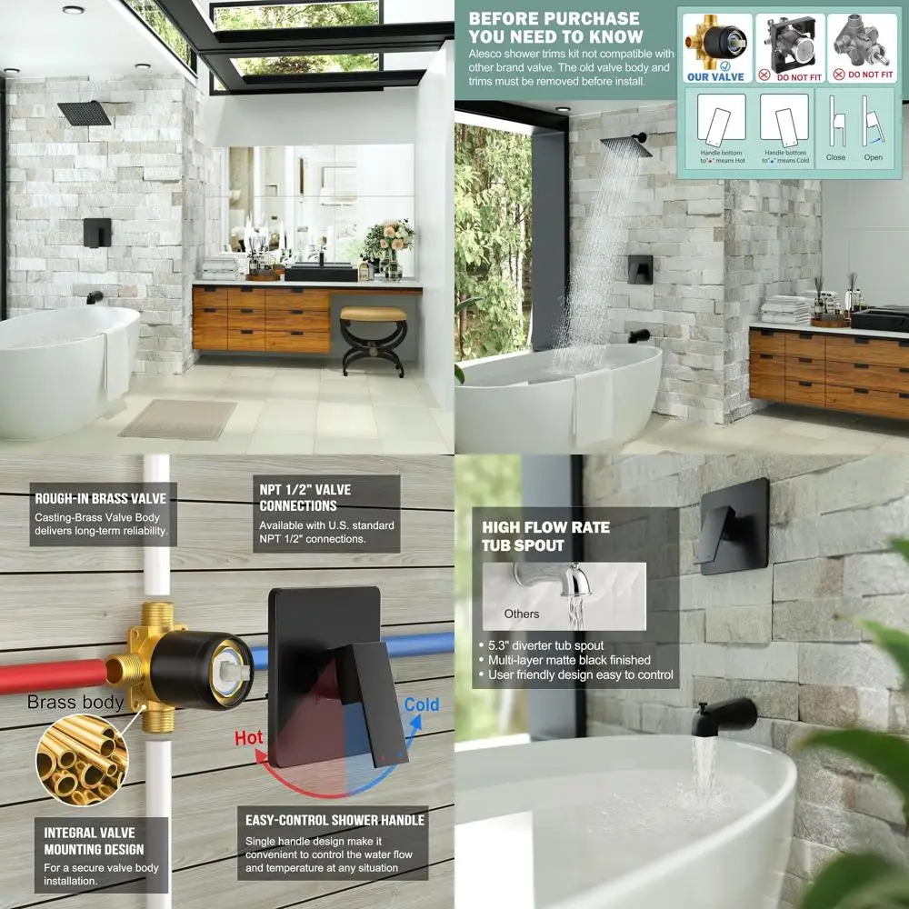 

Matte Black Shower System with 8 Head and Tub Spout, Includes Valve and Trim