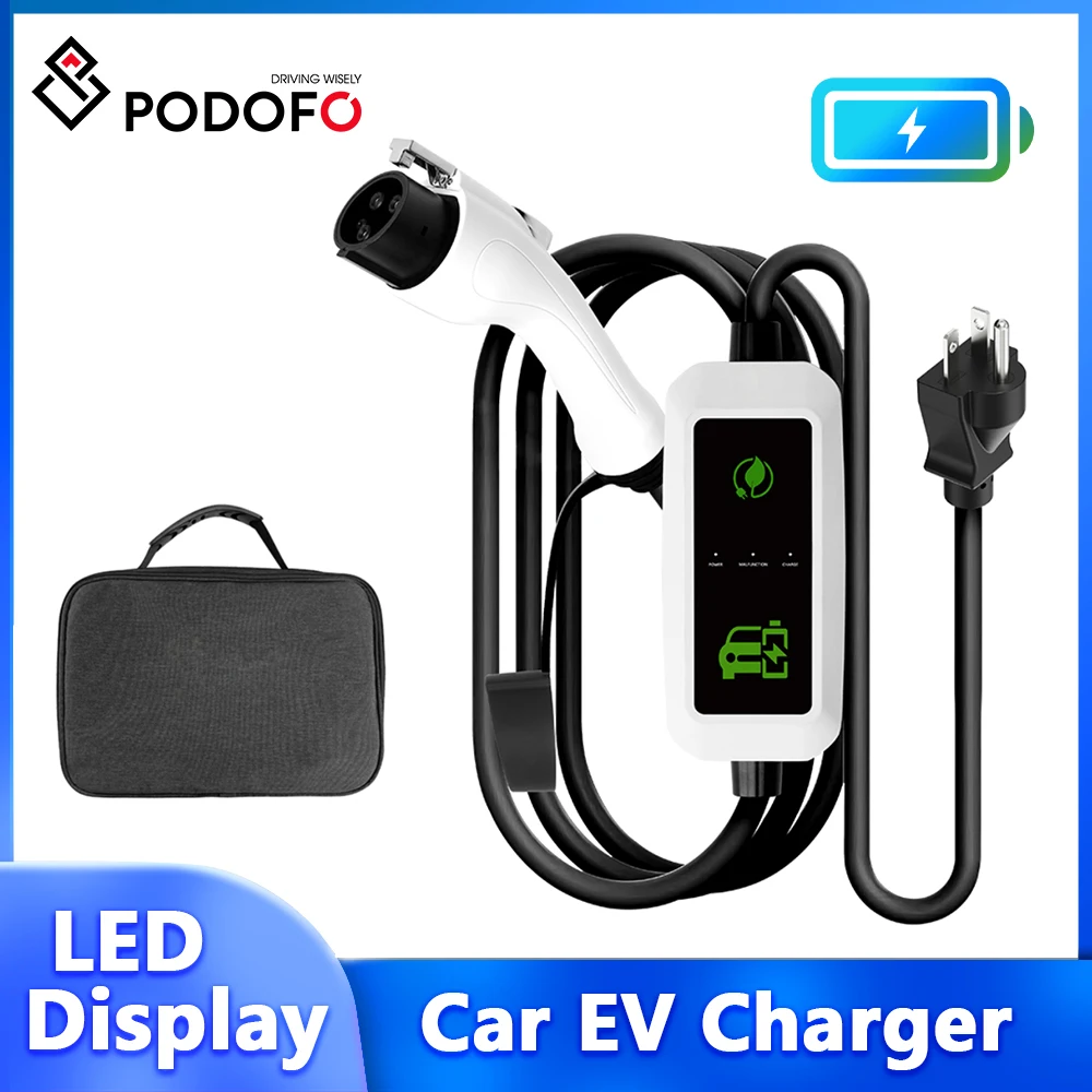 Podofo Portable EV Charger 16A LED Display 16.4ft Cable J1772 EV Charging Cable Electric Vehicle Charging Station Level 1 IP65