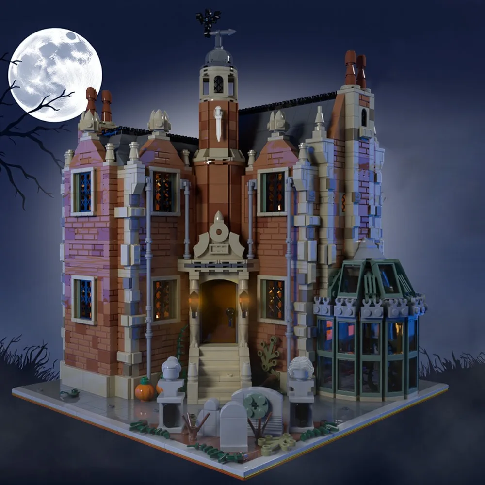 MOC Modulair Haunted Mansion Model Bouwstenen Horror Haunted Mansion Halloween Street View Architectuur Puzzel Speelgoed Kid Geschenken
