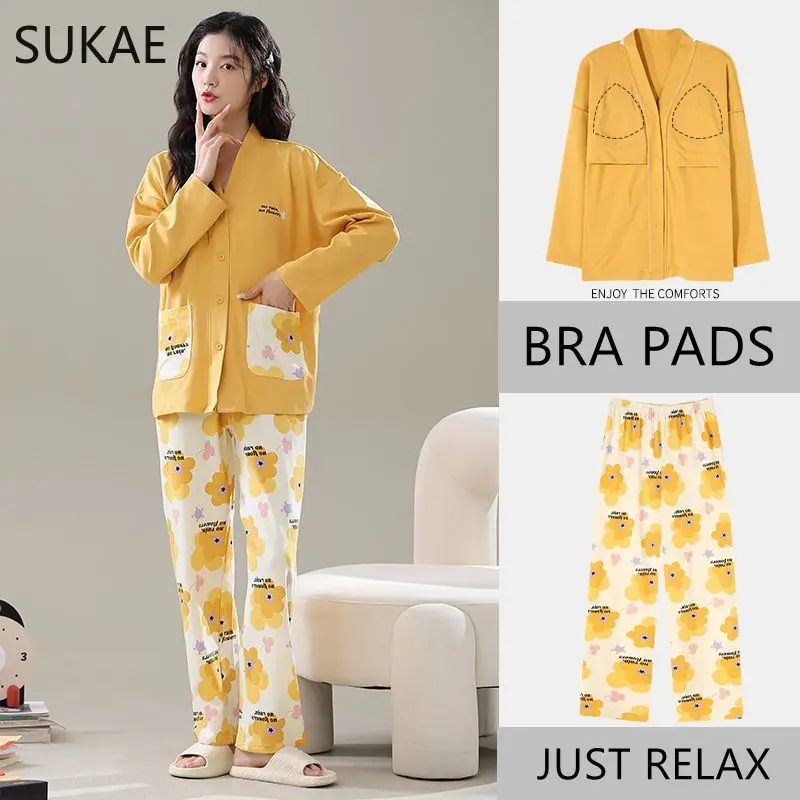 SUKAE Spring New Chest Padded Women Sleepwear Casual Kimono V-neck Long Sleeve Cardigan Mujer Floral Pajama Set M-3XL Loungewear