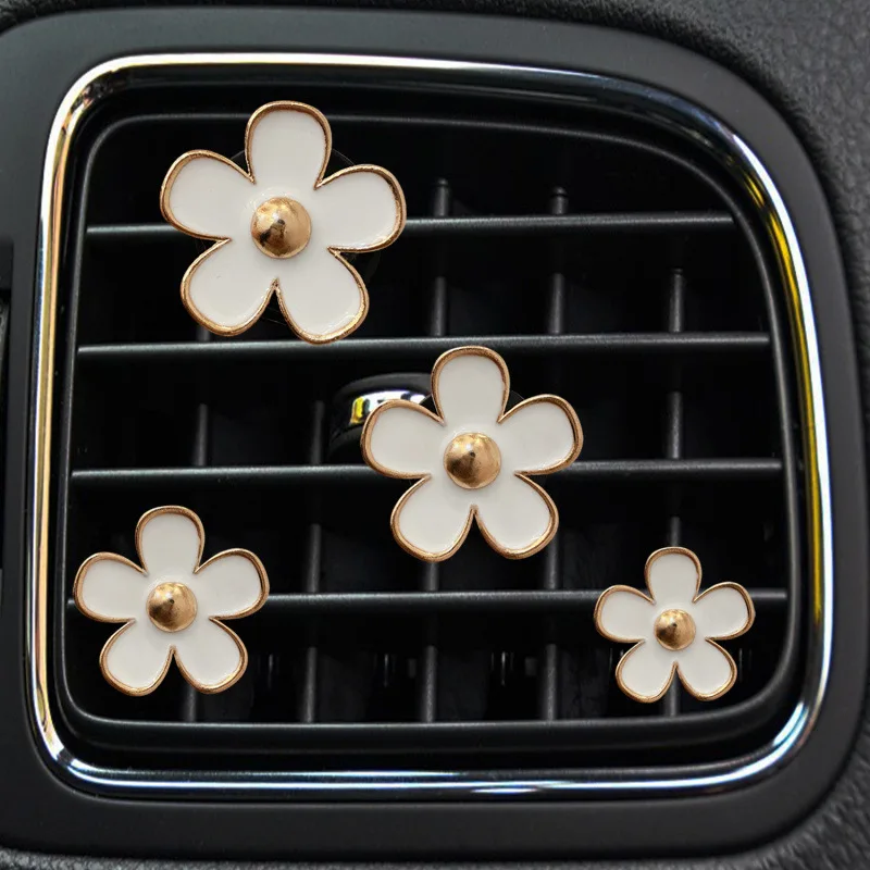 4 Peças de Decoração para Saída de Ar do Carro: Flor de Cinco Pétalas em Liga Metálica (Pequeno Crisântemo/Margarida)