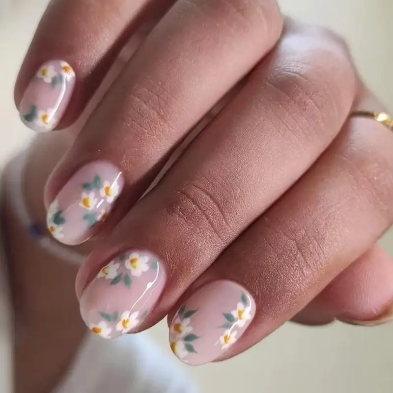 

G99E Flower Fake Press On French Tip False Glues on for Women