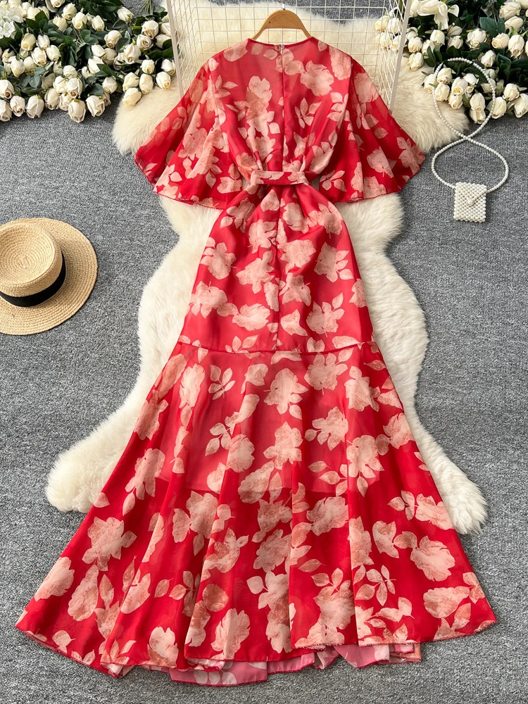 2026 New Summer Women's Short Sleeved Chiffon Dress French Holiday Strap Waist V-neck Irregular Printed Long Dress Y36