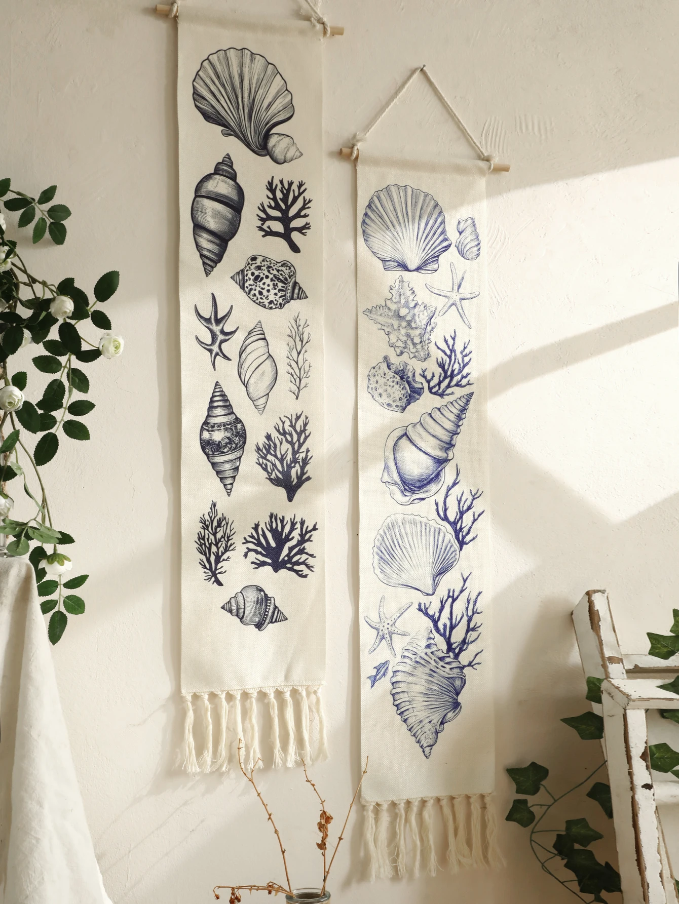 1pc Boho Coastal Seashell Wall Hanging Tapestry,Cotton Banner with Fringe,Nautical Beach Home Decor for Living Room Bedroom Gift