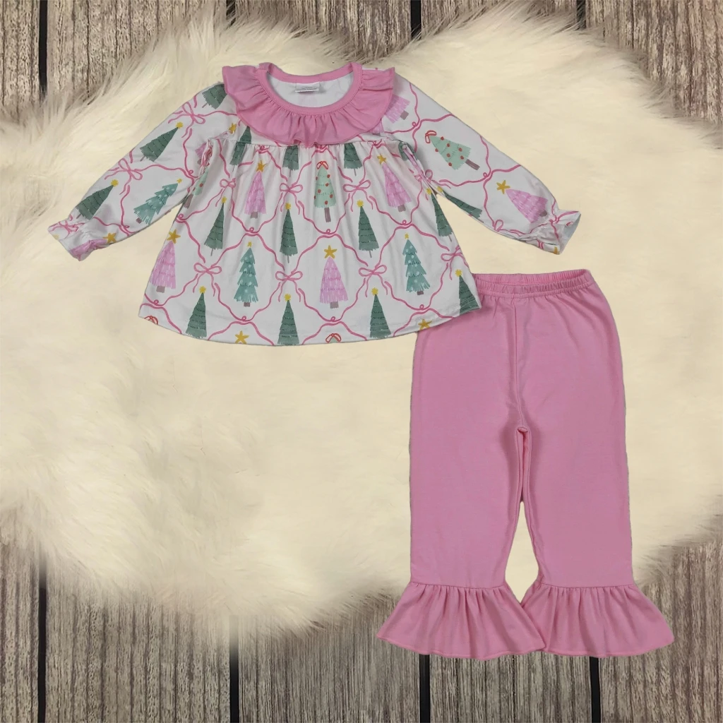 

Toddler Kids Christmas Set Baby Girl Crewneck Long Sleeve Bows Tree Plaid Tunic Ruffle Cotton Pink Pants Children Outfit Clothes