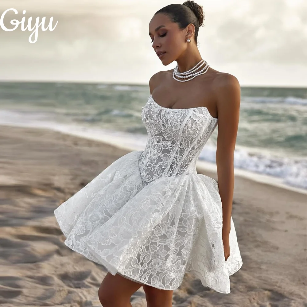 

Giyu Modern Mini A-line White Wedding Dress Scoop Full Lace Pearl Sleeveless vestidos de novia New Brides Gown Customised 2025