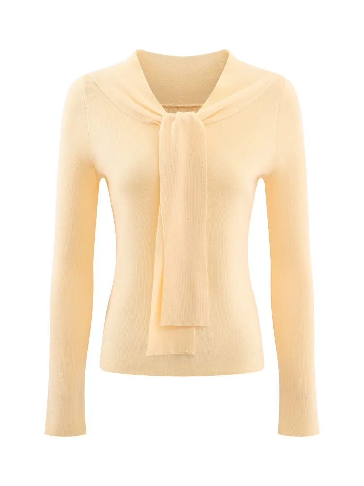 Элегантный вязаный топ для женщин, осенний пуловер с v-образным вырезом и галстуком, свитер с длинными рукавами, шикарный повседневный наряд, модная одежда из внутреннего слоя