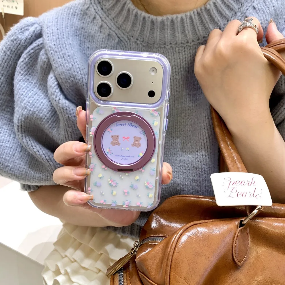 

360 Air Cushion Edge Stripe Floral Bear Suitable Phone Case for IPhone 17 Pro Max 16 ProMax 15 pro 14Pro Anti Drop Back Cover