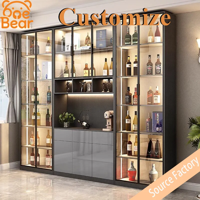 

Luxury solid wood and glass wine cabinet, integrated with lighting, modern minimalist living room display cabinet.