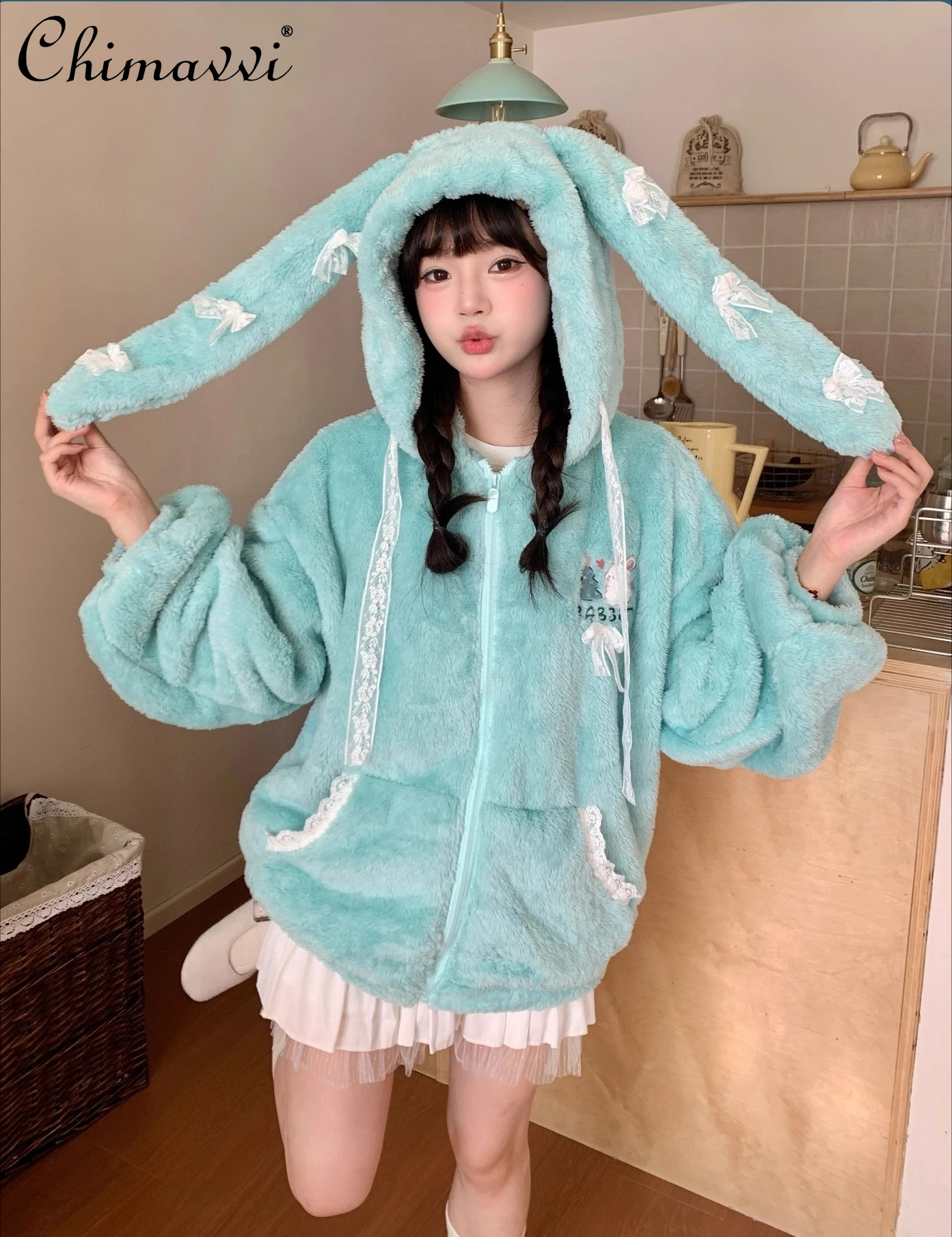 

Original Japanese Style Rabbit Ear Plush Coat Women New Fashion Long Sleeve Hooded Thickened Warm Long Sleeve Jacket Winter