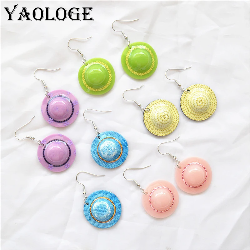 YAOLOGE New Arrival Romantic Sweet Straw Hat Earrings Summer Novelty Ear Accessories Acrylic Material Women's Fashion Party Gift