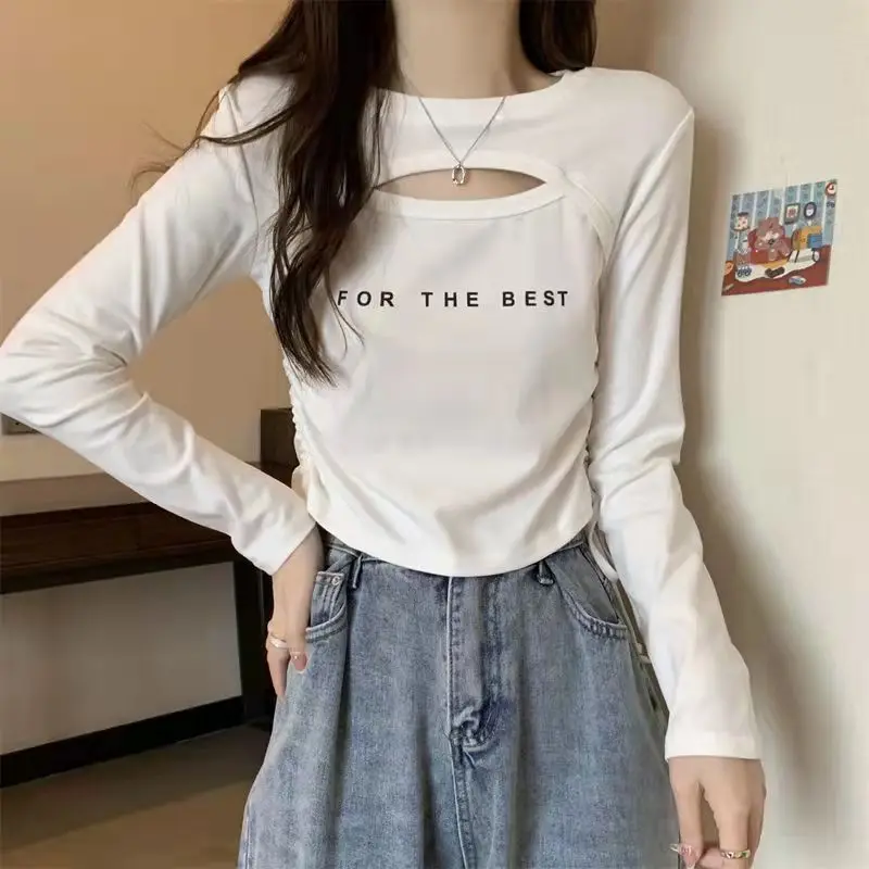 Fashion Letter Loose Hollow Out Shirring Lace Up T-Shirts Female Clothing 2023 Autumn Winter Casual Printed Tops Sweet Tee Shirt