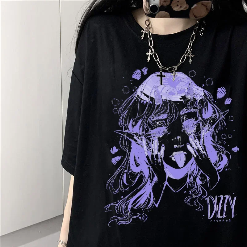 

Women T-shirts Harajuku Music Girl Print Black Crop Oversized T-shirt Goth Short Sleeve Top Female TShirt Kawaii Ladies Clothing