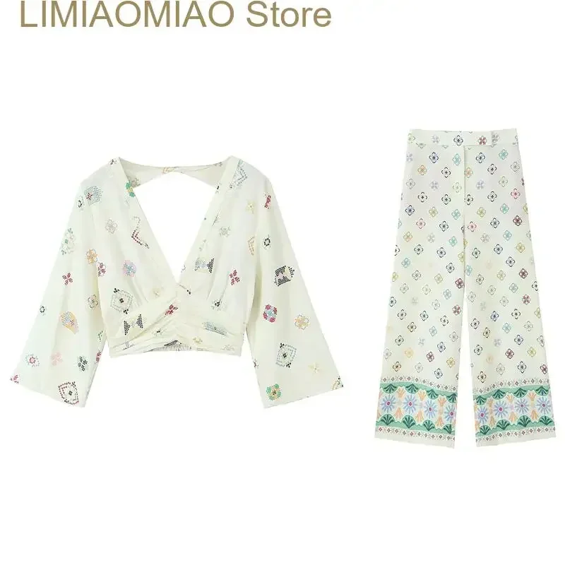 캐주얼 린넨 셔츠 자수 조끼 바지 세트, 등 없는 긴 소매 블라우스, 단추 탑, 여성 정장, 루즈 와이드 레그 팬츠 세트, 신상