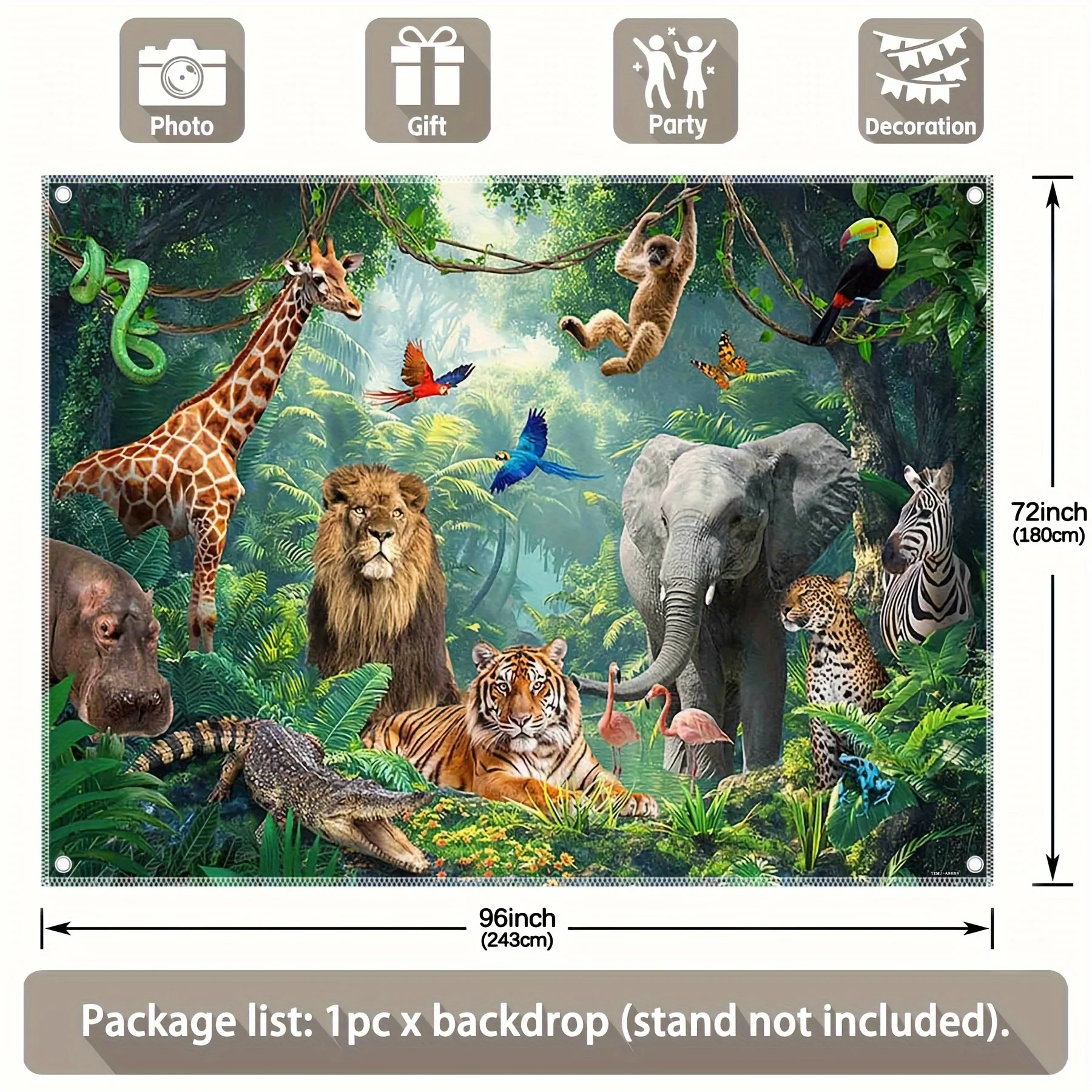 خلفية مغامرة الغابة: تتميز بالنمور والأسود والفيلة والزرافات والحمراء - مثالية للتصوير الفوتوغرافي والحفلات #4