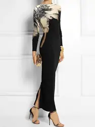 Lemongor 2024 New Autumn Winter Fashion Floral Printed Bodycon Evening Dresses Women Long Sleeves Casual Office A-Line Dress