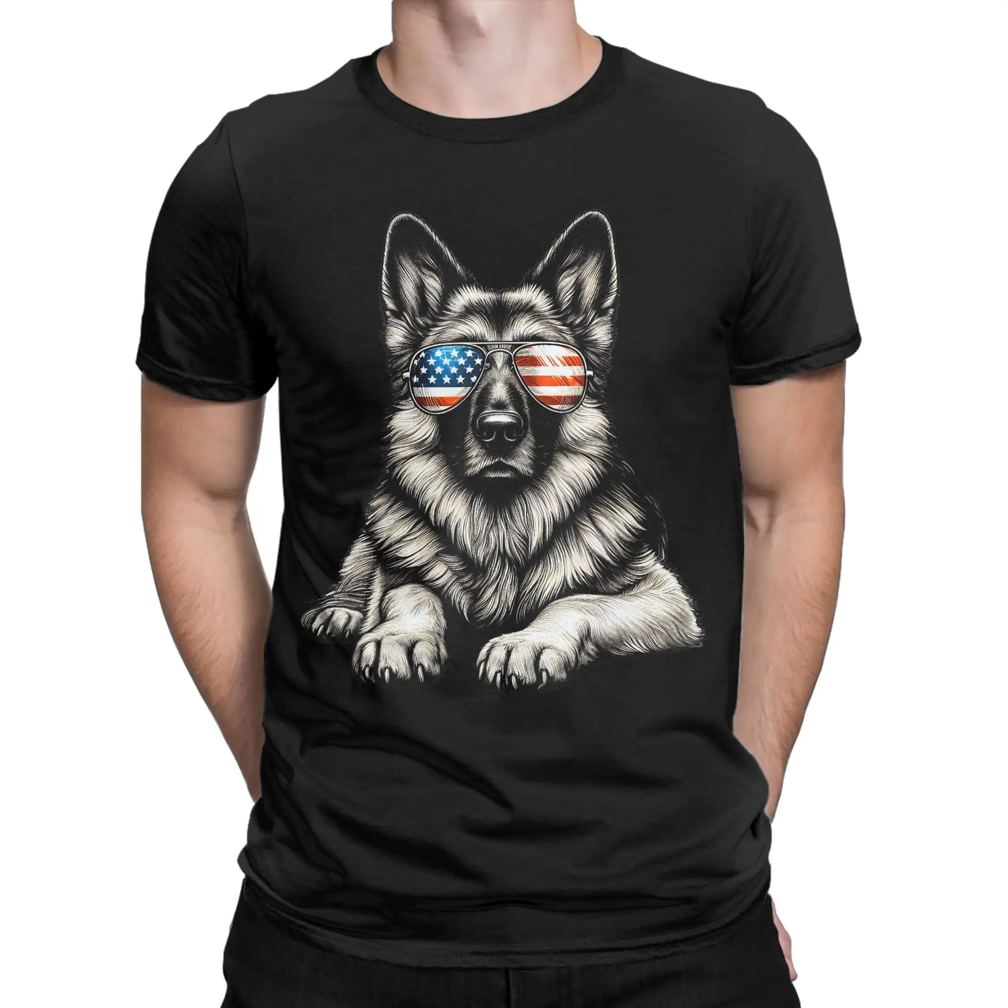 German Shepherd Dog T Shirts for Men Women 100% Cotton Vintage T-Shirt Crewneck American Flag Sunglasses Patriotic Tees Clothes