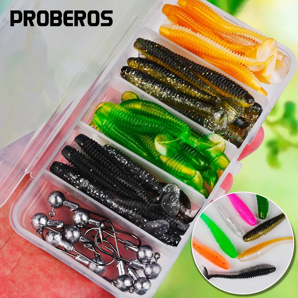 

Proberos 50pcs/Box Soft Fishing Lures Kit Silicone Lure Set Artificial Bait Worm with Crank Jig Head Hook Fishing Tackle