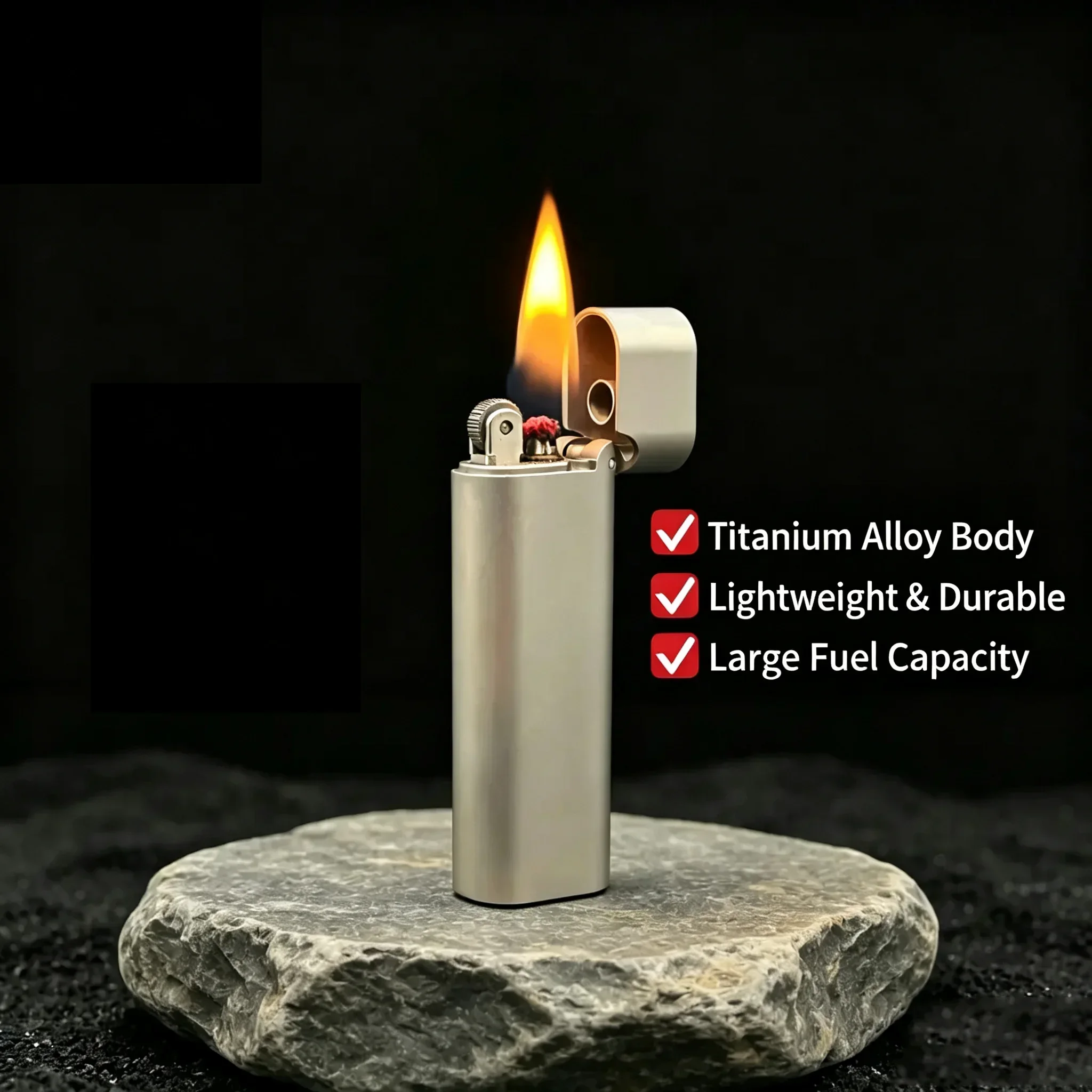 Apex Full Titanium Lighter – Slim Portable Flint Wheel Petrol Lighter, Leakproof Big Oil Tank, Men's Smoking Collection