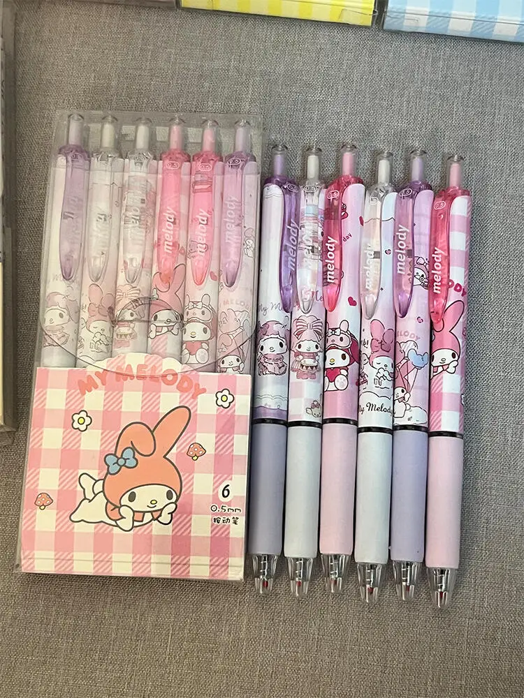 6Pcs Sanrio Gel Pen Hello Kitty Cartoon Kuromi ST Quick Drying Black 0.5mm Press The Ballpoint Pen Learning Stationery Gifts