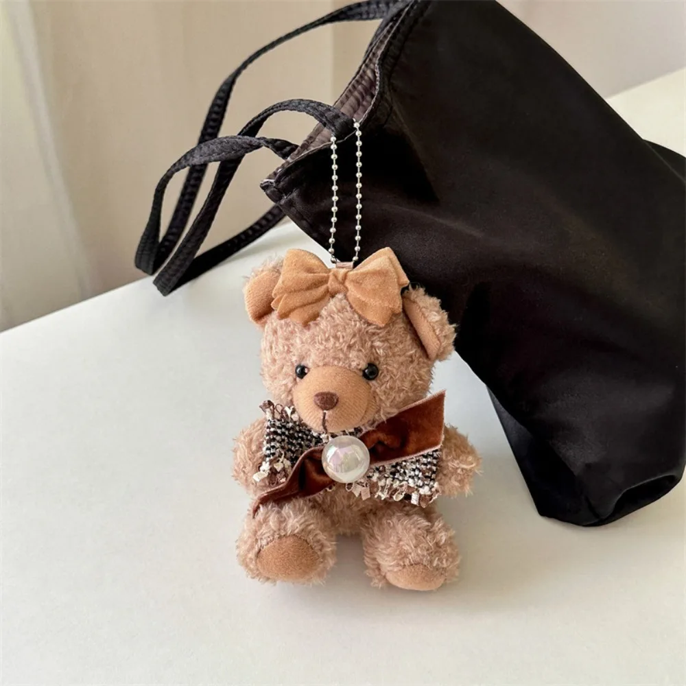 Chaveiro de urso de pelúcia marrom feito à mão boneca de pelúcia urso telefone clipe traseiro arco doce macio fluff animal de pelúcia chaveiro saco pingente