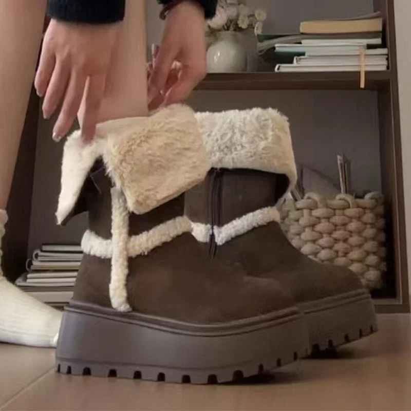 

Fur Women's Ankle Boots Flats Platform Suede Casual Sport Shoes 2025 Fad Snow Boots New Brand Warm Winter Comfort Mujer Botas