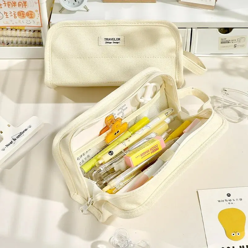 Multifunctional Canvas Pencil Bag with Large Capacity Student Pen Case That Can Stand on Desktop School Supplies