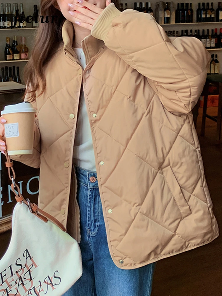 Jielur Ins Single Breasted Korean Casual Parkas Solid Color Fake Two Piece Set Chic Zipper Women Parkas Apricot Khaki Black Coat