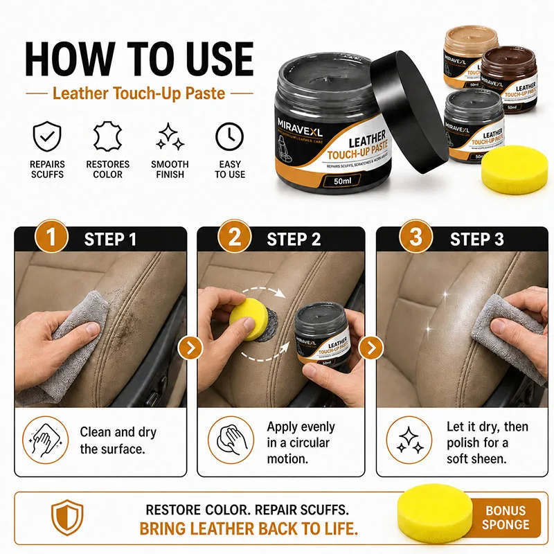 MIRAVEXL Leder-Reparaturpaste 50ml, Lederfarb-Erneuerer für Autositze, Sofas, Schuhe, Vinyl - Repariert Schrammen & Kratzer – Detail 6