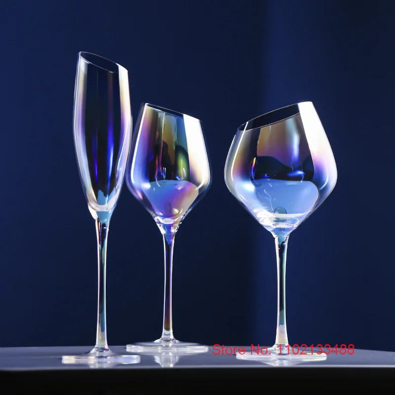 2 Pcs Color Pearl Crystal Wine Glass Wedding Party Glassware Drink Cup Plating Rainbow Oblique Bordeaux Goblet Champagne Flutes