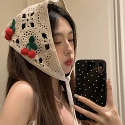 Knitted Triangle Headband Cute Little Cherry French Pastoral Style Headband Towel Handmade Crochet Headscarf Hat Girls