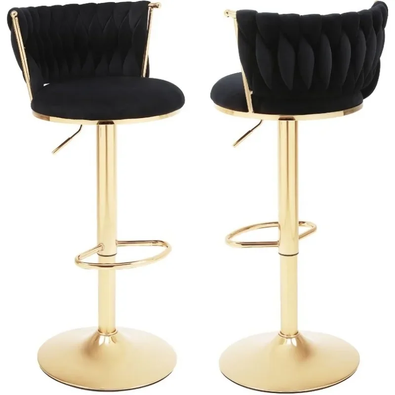 Velvet Bar Stools Set of 2,360° Swivel Woven Modern Gold Bar Stools,Adjustable Height Barstools with Backs Gold Metal Tall