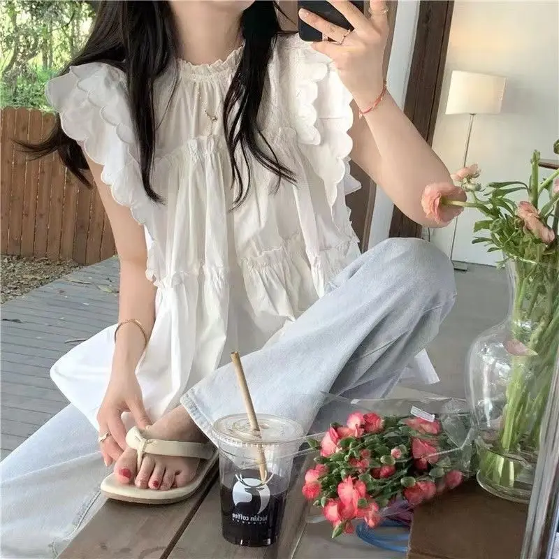 Ruffles Blouse for Women Cute Streetwear Breathable Summer Solid Leisure Y2k Aesthetic Korean Style Teenagers Baggy Ruched Sweet