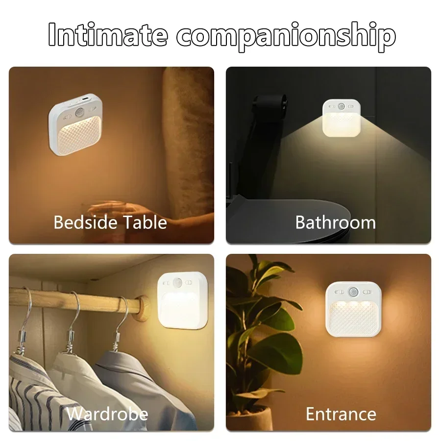 Motion Sensor LED Night Light Wireless USB Rechargeable 3 Colors Dimmable Cabinet Lamp Portable Kitchen Bedroom Stairs Lamp