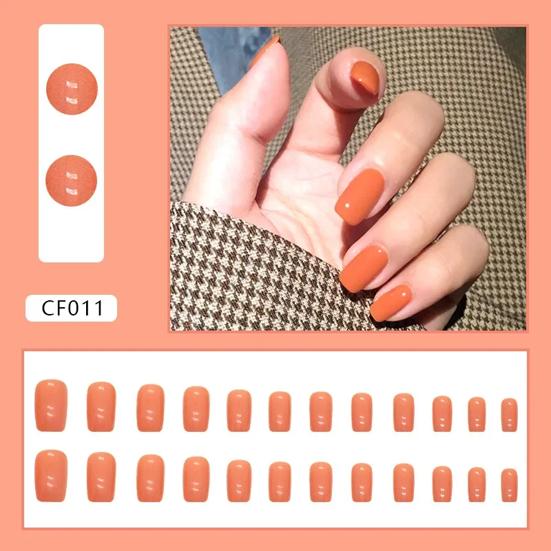 24Pcs/Set White Design Removable Wearing False Nails Medium Long Euro Square Press on Nail Orange Red Crystal Fake Nail Tips